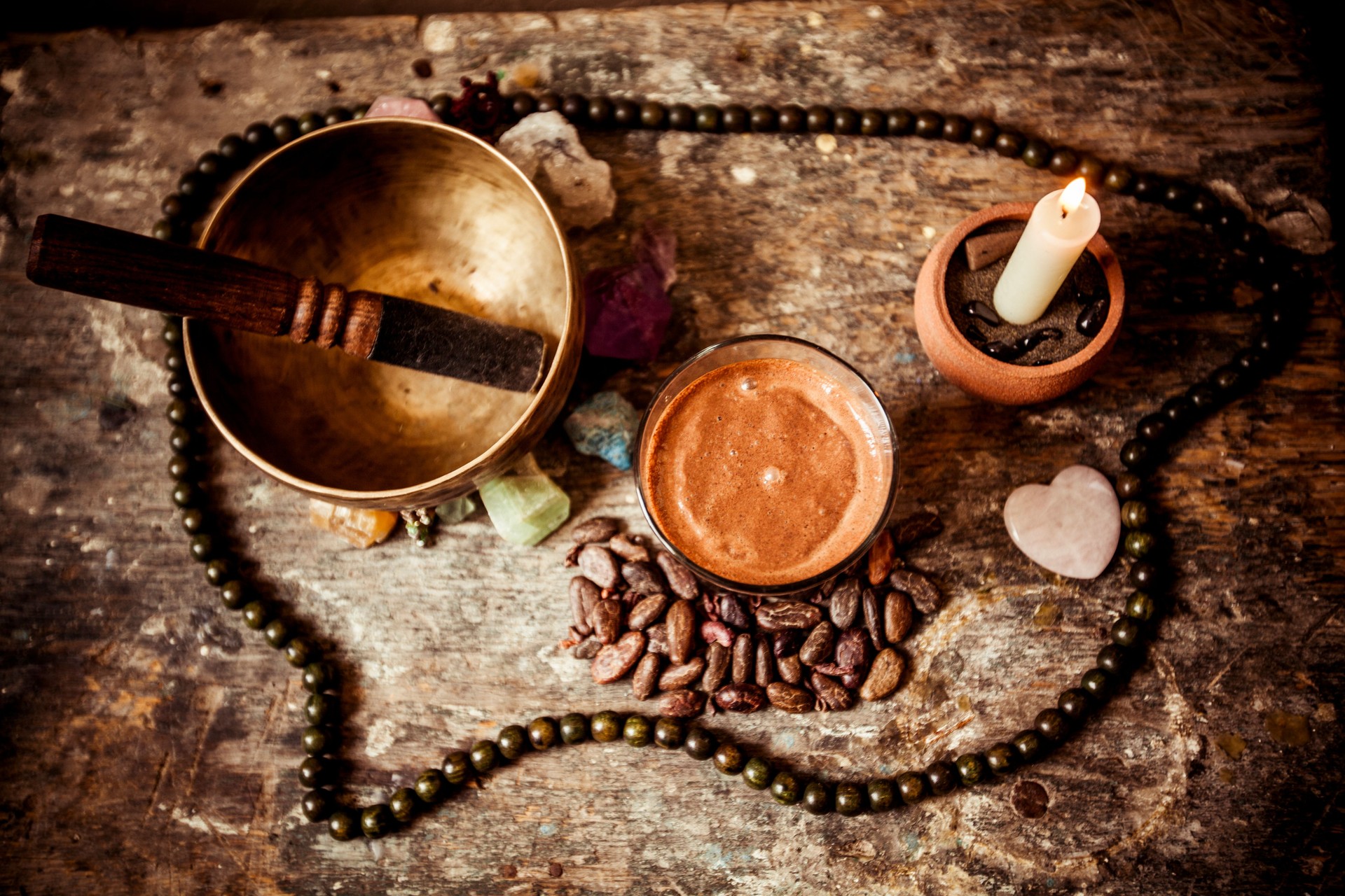 Cacao Beverage, Tibetan Singing Bowl and Gemstones